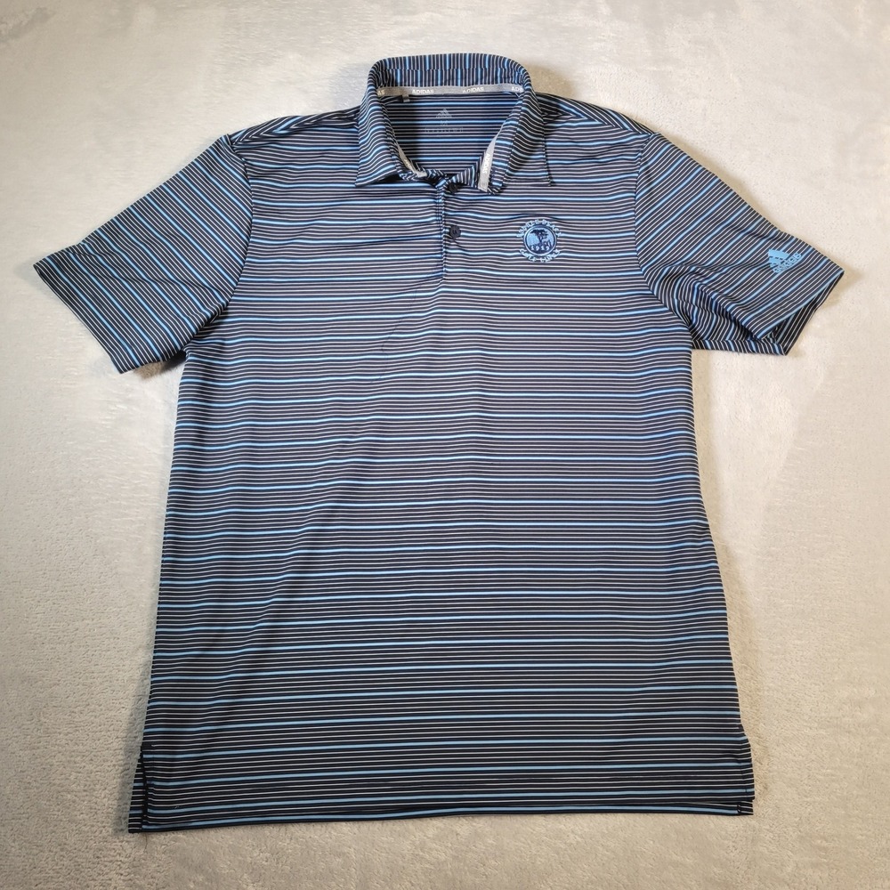 Adidas Polo Shirt Mens Medium Blue Striped Pebble Beach Golf Links Short Sleeve